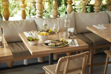 Gedekte tafel met een smakelijk visgerecht en frietjes op het terras van restaurant Labadi Beekse Bergen