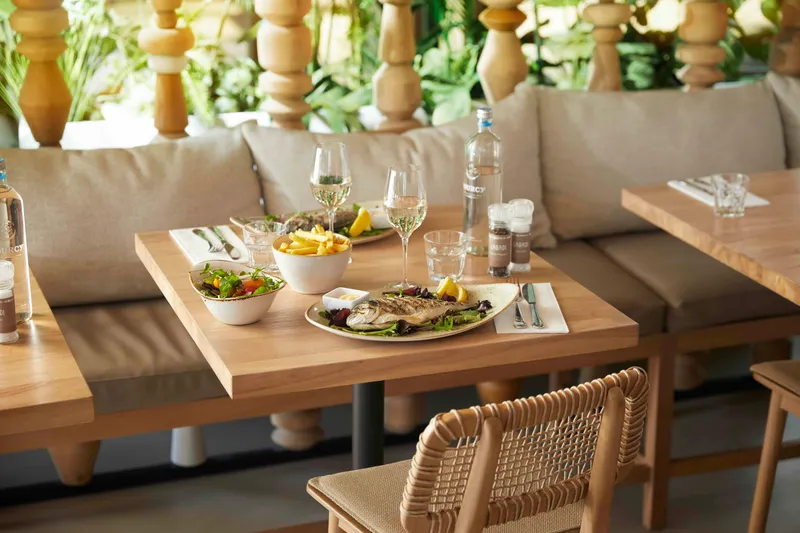 Gedekte tafel met een smakelijk visgerecht en frietjes op het terras van restaurant Labadi Beekse Bergen