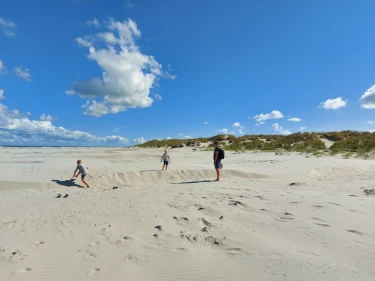 Kinderen rennen en spelen in de duinen bij de kust