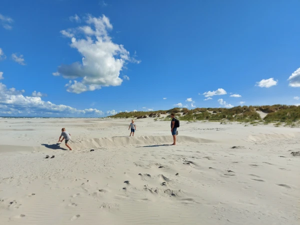 Kinderen rennen en spelen in de duinen bij de kust