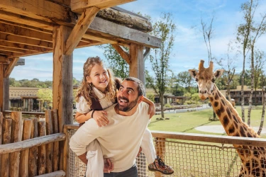 Een meisje op de rug van haar vader lachen bij een giraffe in Safari Hotel Beekse Bergen