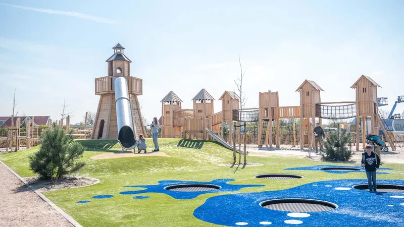 Grote buitenspeeltuin met een hoge vuurtoren met glijbaan en een houten klimkasteel bij Strandpark De Zeeuwse Kust.