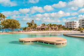 Zwembad met palmbomen en luxe resort aan zee