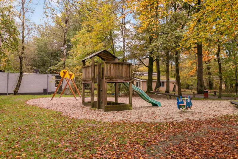 Houten speeltuin met glijbaan en schommels, omringd door herfstbladeren in het bos op Parc de Berkenhorst.