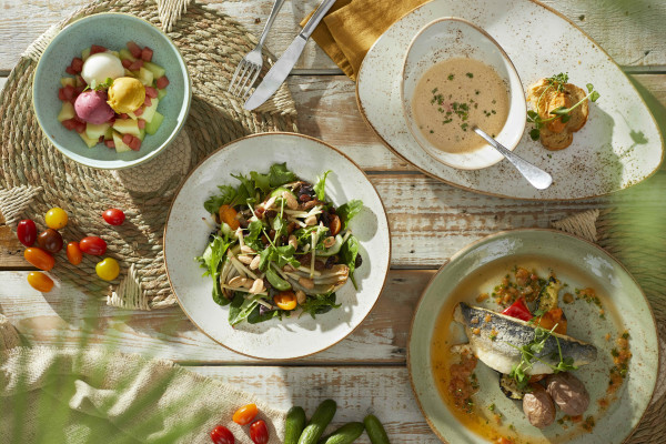 Verse gerechten geserveerd op houten tafel met zomerse presentatie bij restaurant van Lake Resort Beekse Bergen