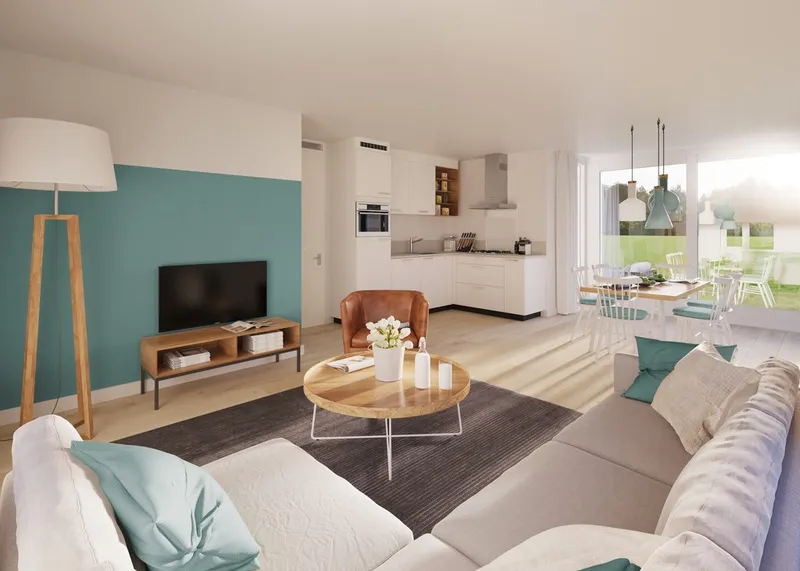 Het moderne en sfeervolle interieur van een vakantiehuis op Landal Kaatsheuvel, met een lichte woonkamer en een open keuken.