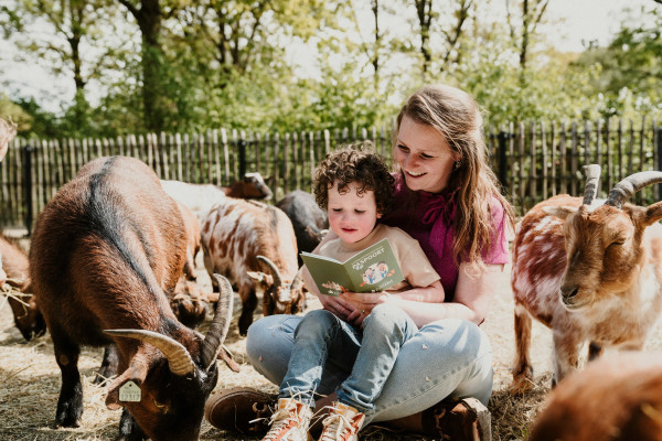 Vrouw leest een boek aan een kind tussen de geiten op de kinderboerderij van Vakantiepark Dierenbos