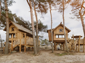Twee houten boomhutten op palen verbonden met houten loopbruggen tussen naaldbomen op een zandige ondergrond in vakantiepark Beekse Bergen