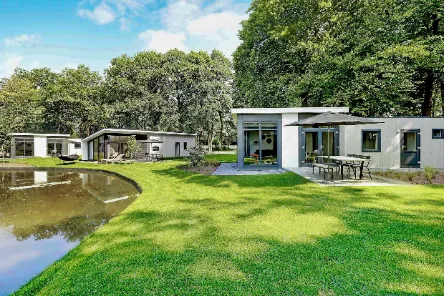 Moderne bungalows van Landal De Vlinderhoeve, gelegen aan een grote vijver omringd door bomen en een groen gazon.
