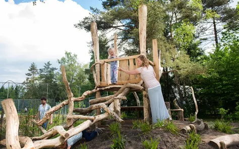 Een moeder helpt haar kind bij het klimmen op een avontuurlijk houten speeltoestel in de natuurspeeltuin van Bungalowpark Hoenderloo