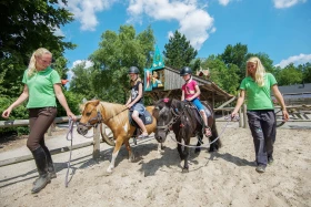 Twee kinderen rijden op pony's en worden begeleid door medewerkers van de ponyranch op vakantiepark Landal het Land van Bartje, een droom voor paardenliefhebbers.