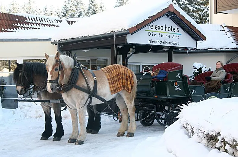 Een paard en wagen staat klaar in de sneeuw voor het Relexa hotel voor een romantische tocht door het winterse Braunlage.