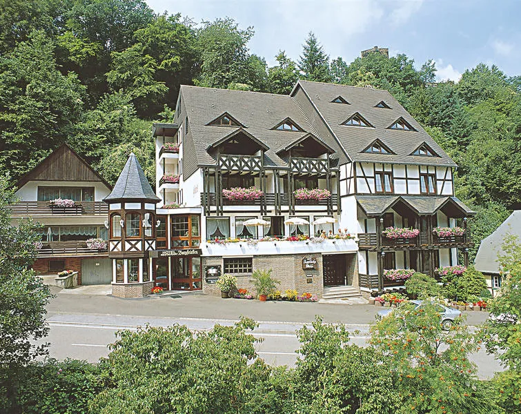 Hotel Burgfrieden, een charmant gebouw in traditionele stijl, gelegen tegen een groene heuvel met een indrukwekkende kasteelruïne op de achtergrond, in de Moezelstreek.