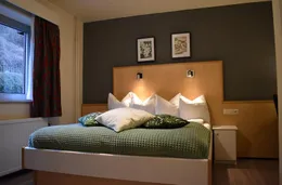 Slaapkamer in Hotel Atlanta met uitzicht op de Limburgse heuvels en een groen bed tegen een donkergrijze muur