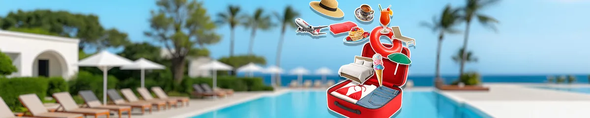 Illustratie met koffer, vliegtuig en zwembad bij last minute zonvakantie